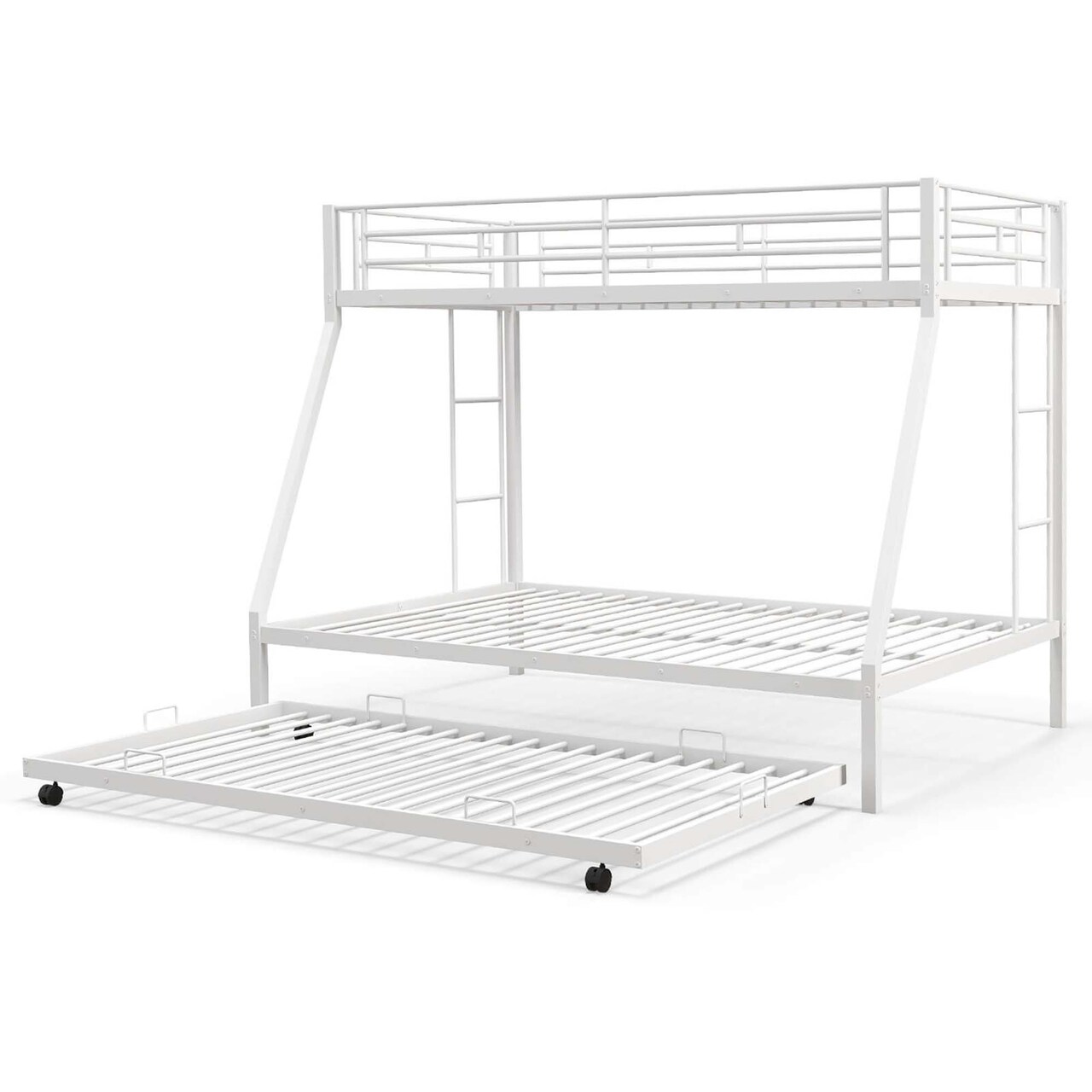 Costway Twin Over Full Metal Slats Bunk Bed Frame with Trundle, Guard Rail & Ladders White/Black